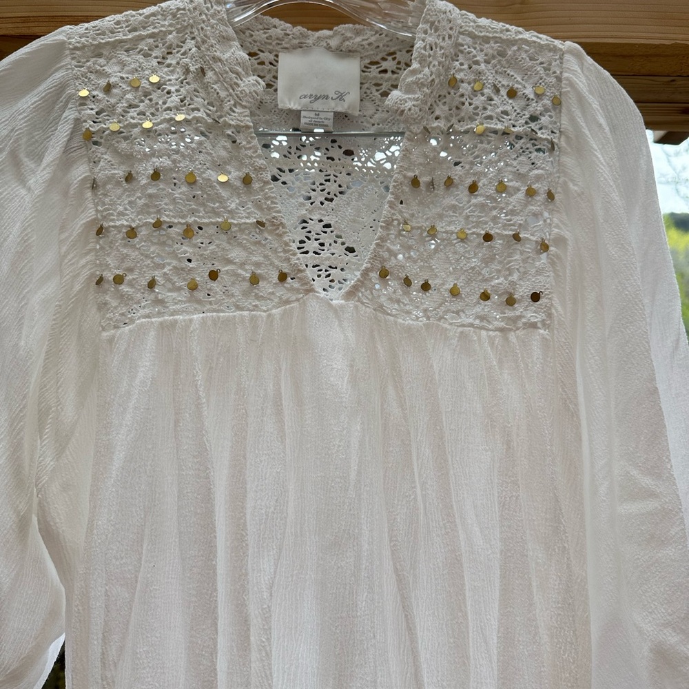 Aryn K. Anthropologie White Gold Crocheted Gauze Embellished Boho Blouse medium - Picture 2 of 15